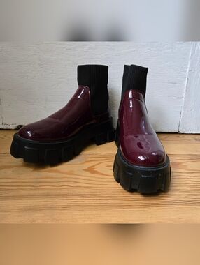 Arden Burgundy Patent Lug Sole Sock Ankle Boots US 8